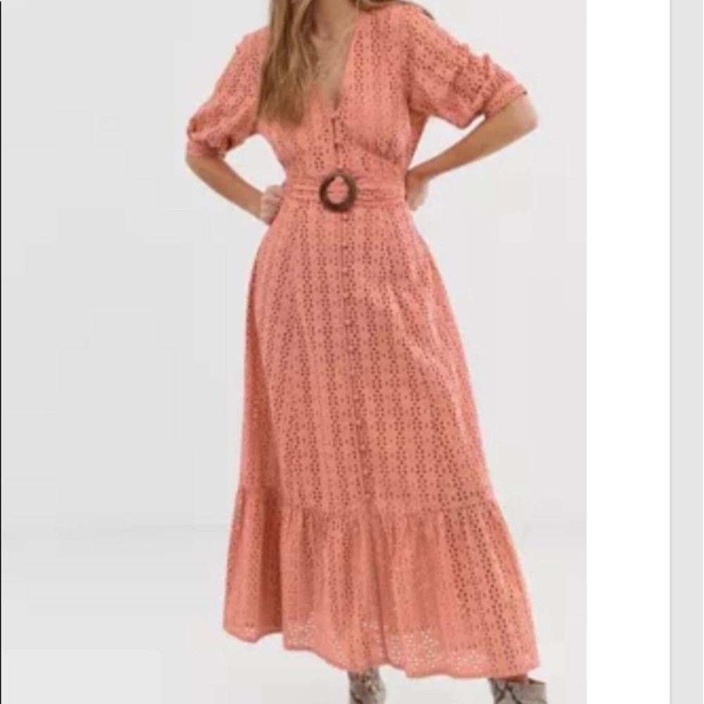 Boho Midi Dress Embroidered Eyelet Tiered Puff Sleeve Button Front Belted Sz 6